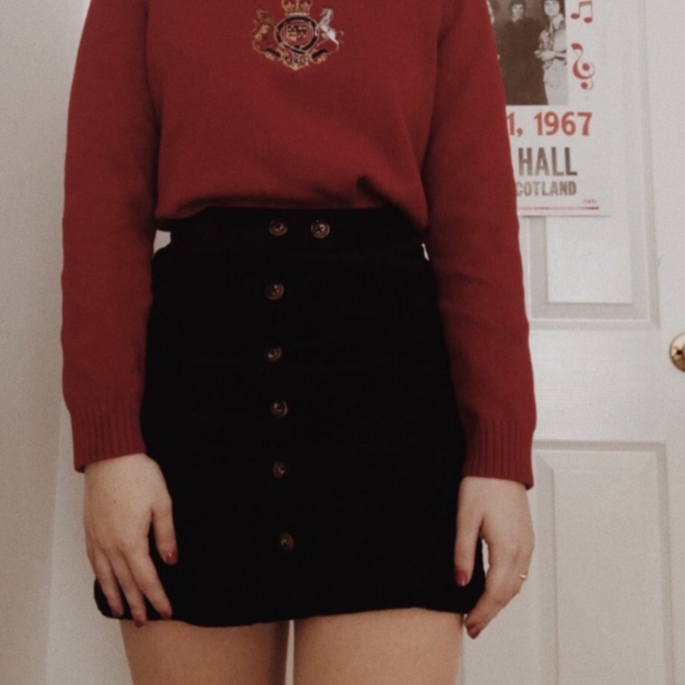 navy blue button down corduroy skirt